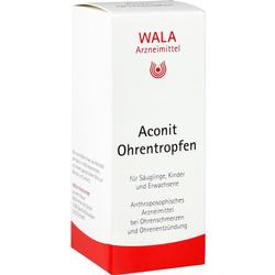 Weiße Medikamentenverpackung mit der Aufschrift "Aconit Ohrentropfen".