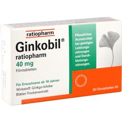 Verpackung von Ginkobil Tabletten, ein pflanzliches Mittel für Erwachsene bei Leistungsstörungen.
