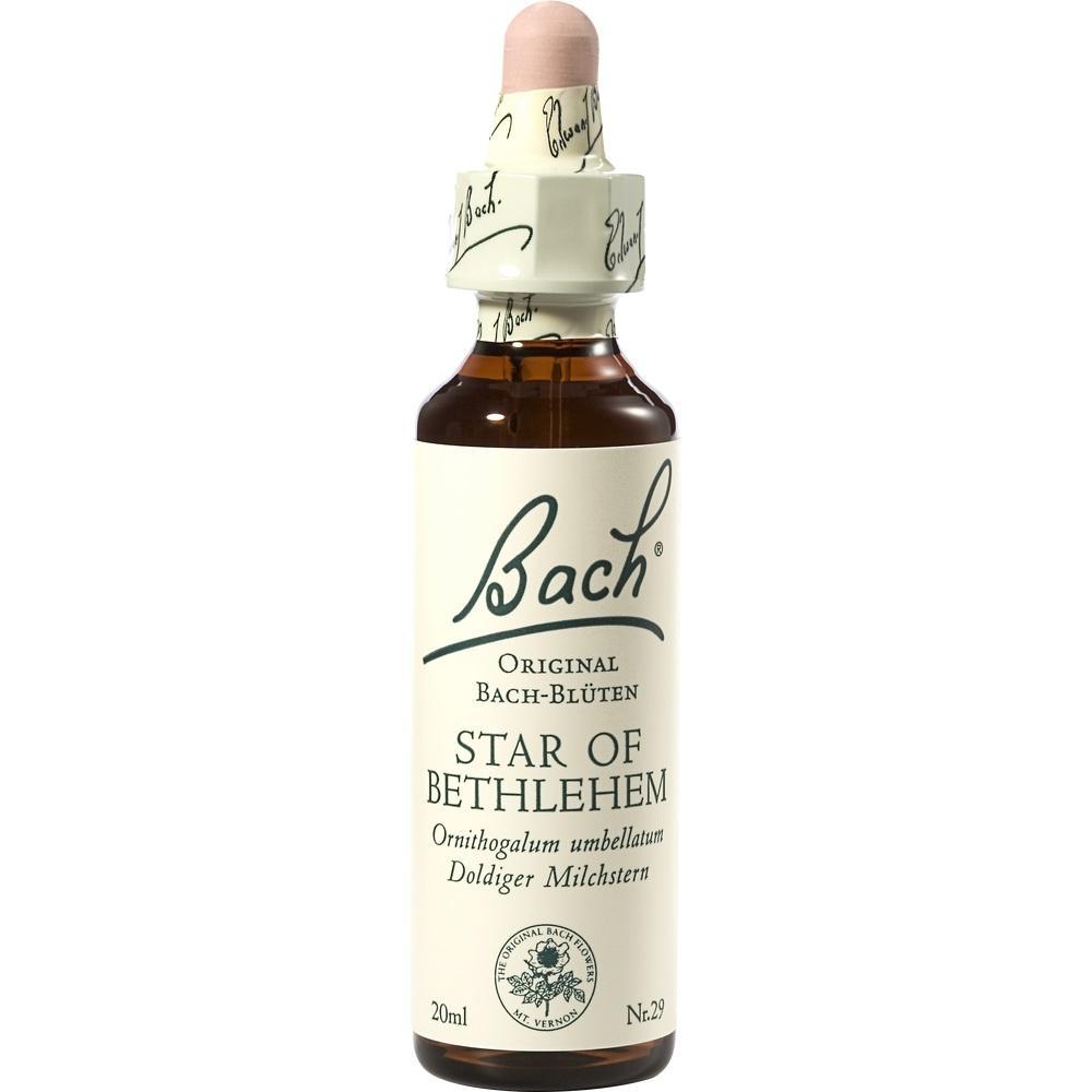 Braune Flasche mit heller Etikette, darauf steht "Bach Original Bach-Blüten".