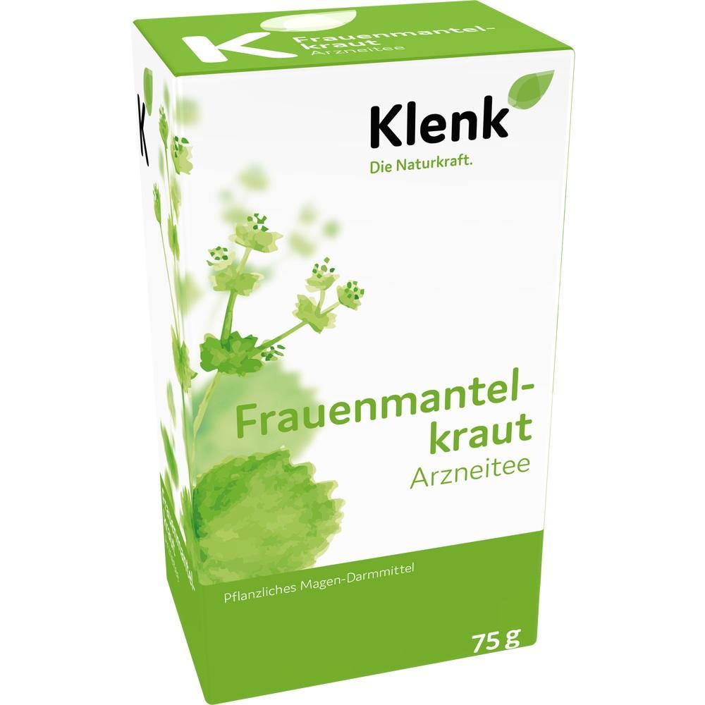 Grüne Tee-Packung mit der Aufschrift "Frauenmantelkraut Arzneitee", 75 Gramm.
