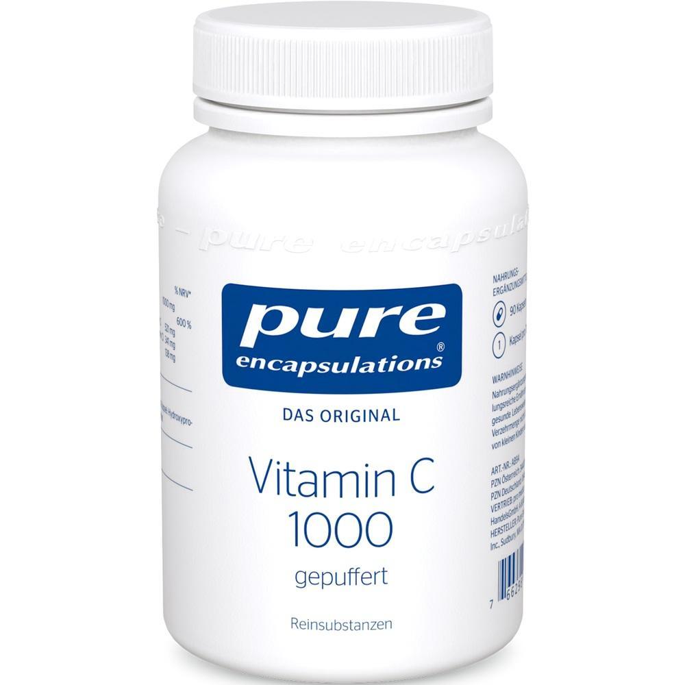 Weißes Fläschchen mit Vitamin C 1000 gepufferten Kapseln.