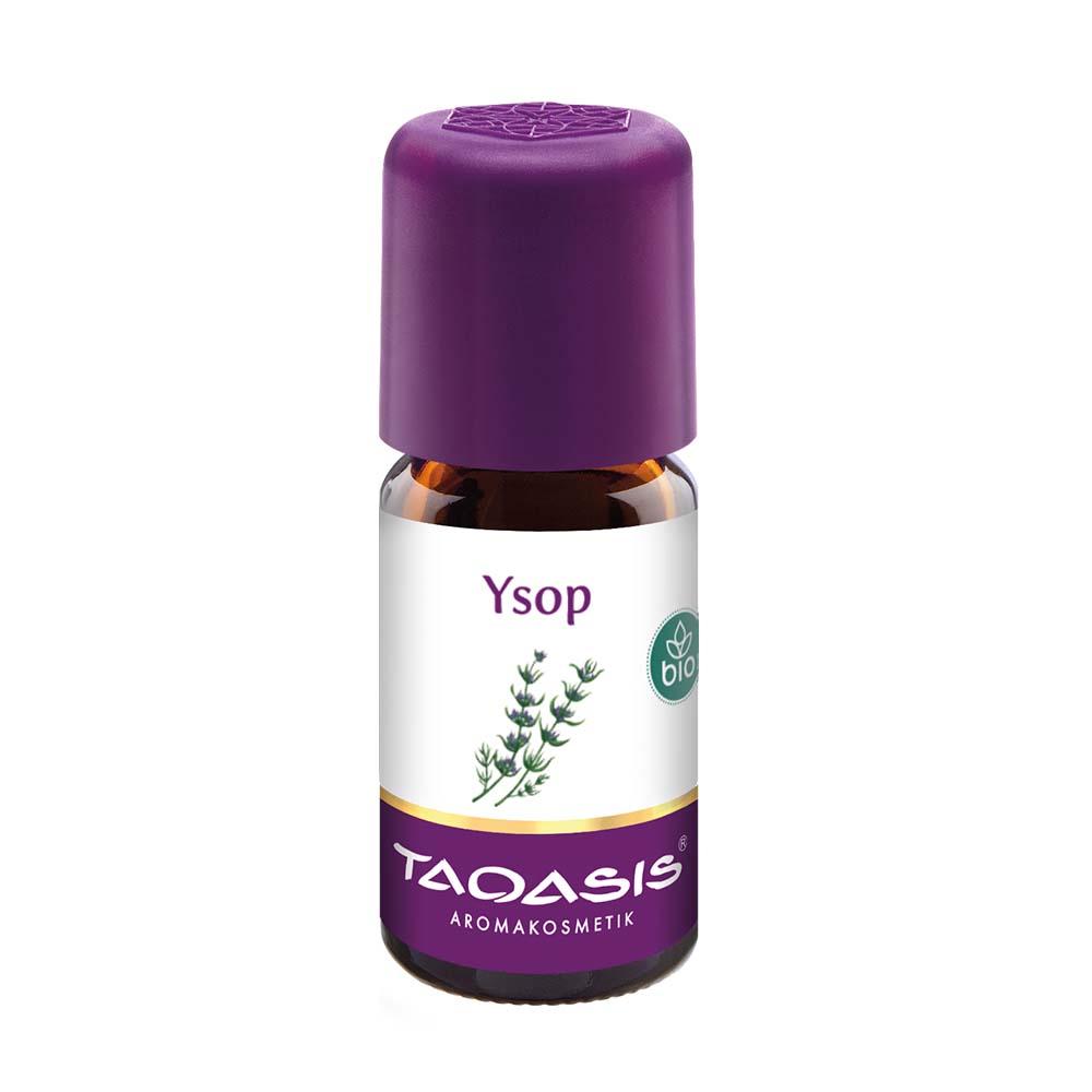Kleine Flasche mit violettem Deckel, beschriftet mit "Ysop" und einem Pflanzenbild.