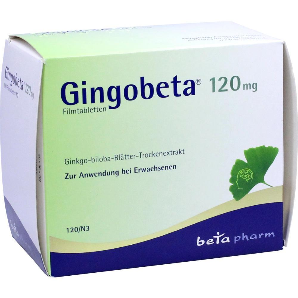 Eine grüne Verpackung mit Aufschrift "Gingobeta 120 mg", ein Medikament.