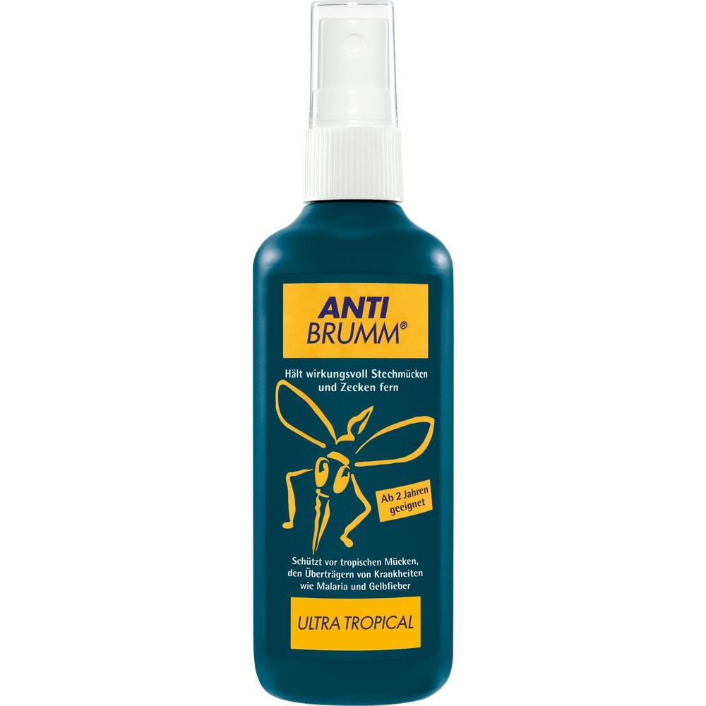 Blaues Spray gegen Mücken und Zecken mit der Aufschrift "Anti Brumm Ultra Tropical".
