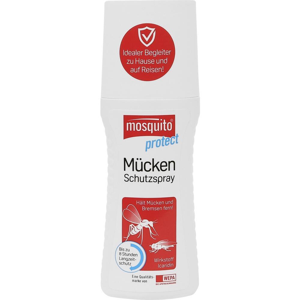 Eine weiße Flasche Mückenspray mit rotem Etikett und dem Schriftzug "Mückenschutzspray".