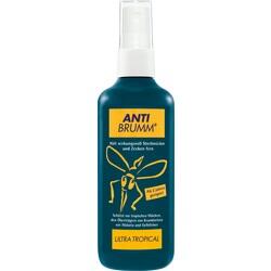 Blaues Spray gegen Mücken und Zecken mit der Aufschrift "Anti Brumm Ultra Tropical".